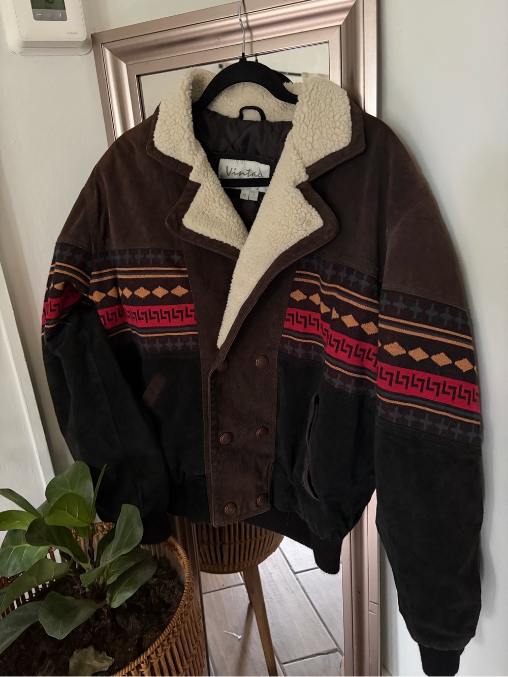 Vintage Leather Southwestern Aztec Suede Jacket Shearling Collar Western Boho